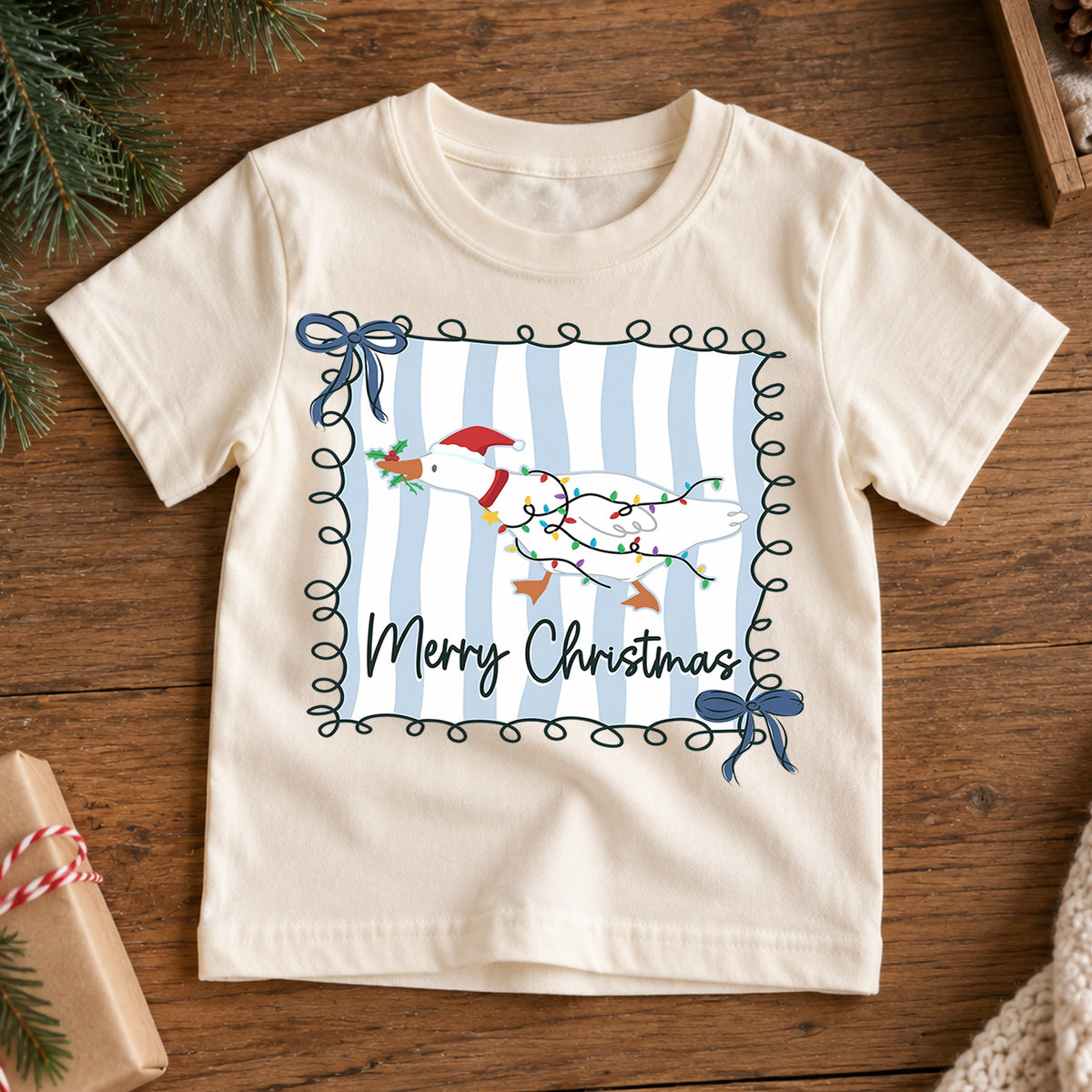 Merry Christmas Goose Kids Shirt, Christmas Lights Duck Tee, Blue Stripe Holiday Outfit for Boys Girls, Cute Festive Goose Xmas Gift — product view 7