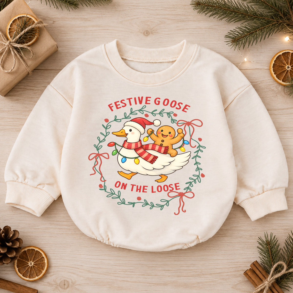 Festive Goose Christmas Baby Romper, Funny Jolly Goose Holiday Outfit, Toddler Xmas Romper, Cute 1st Christmas Gift for Baby — product view 1