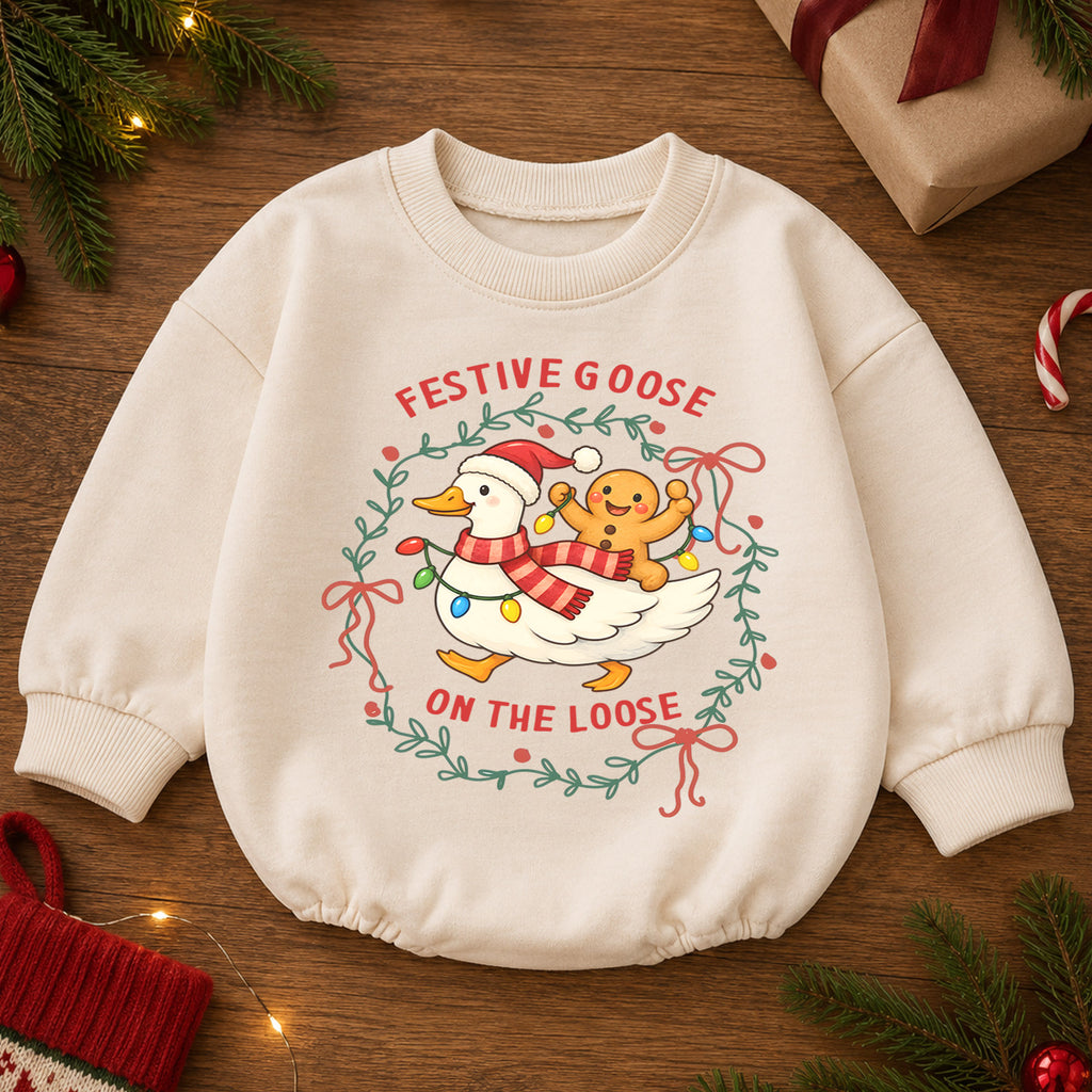 Festive Goose Christmas Baby Romper, Funny Jolly Goose Holiday Outfit, Toddler Xmas Romper, Cute 1st Christmas Gift for Baby — product view 2