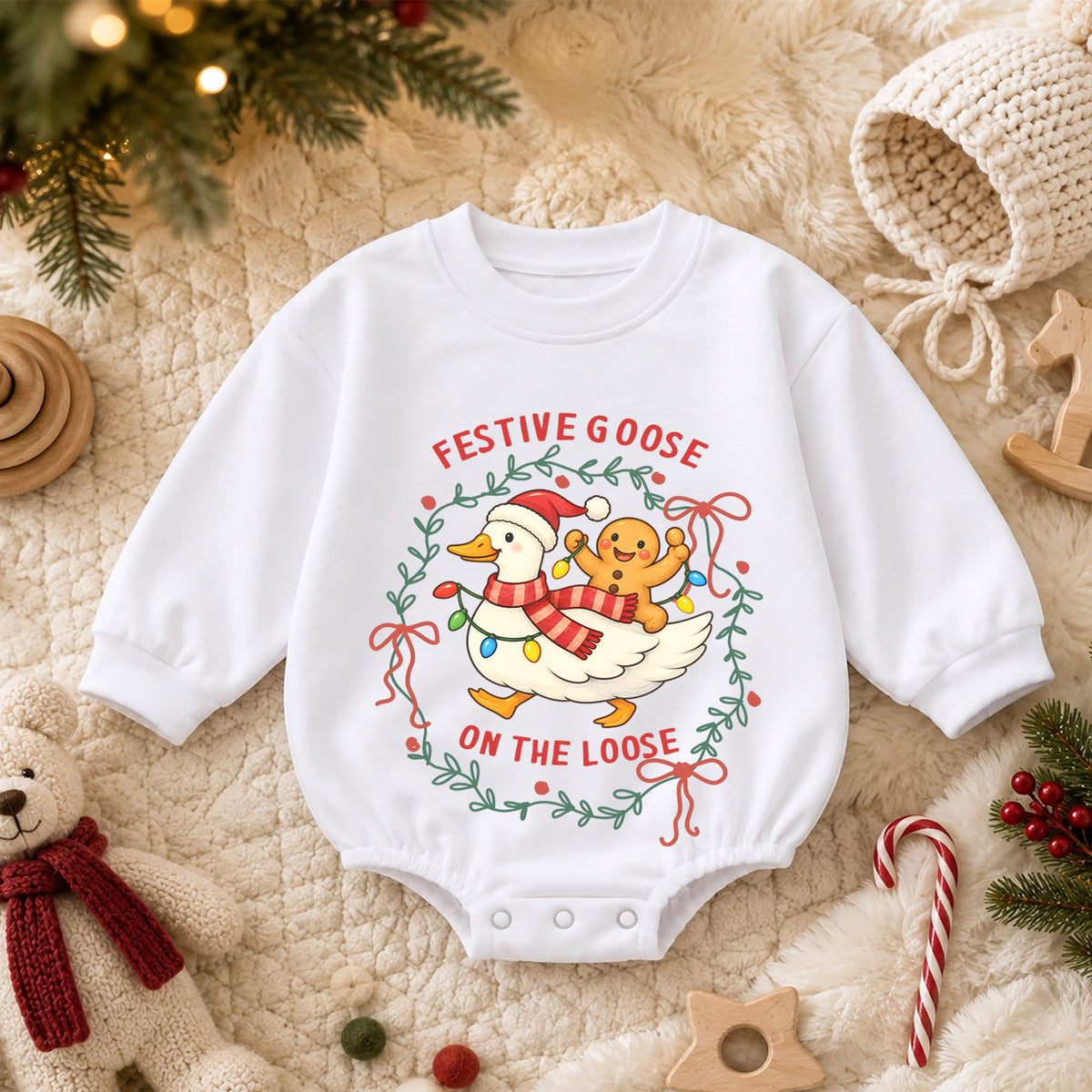 Festive Goose Christmas Baby Romper, Funny Jolly Goose Holiday Outfit, Toddler Xmas Romper, Cute 1st Christmas Gift for Baby — product view 3
