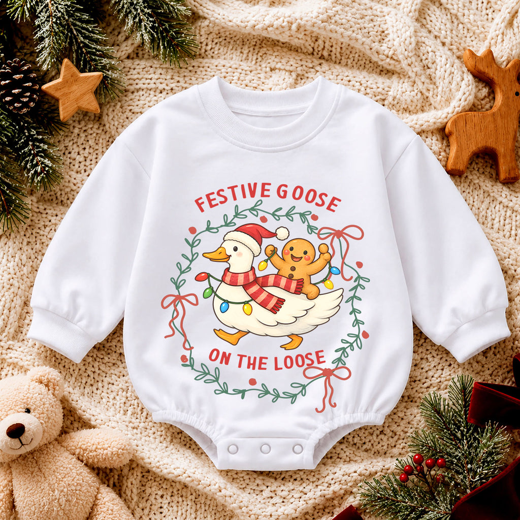 Festive Goose Christmas Baby Romper, Funny Jolly Goose Holiday Outfit, Toddler Xmas Romper, Cute 1st Christmas Gift for Baby — product view 4