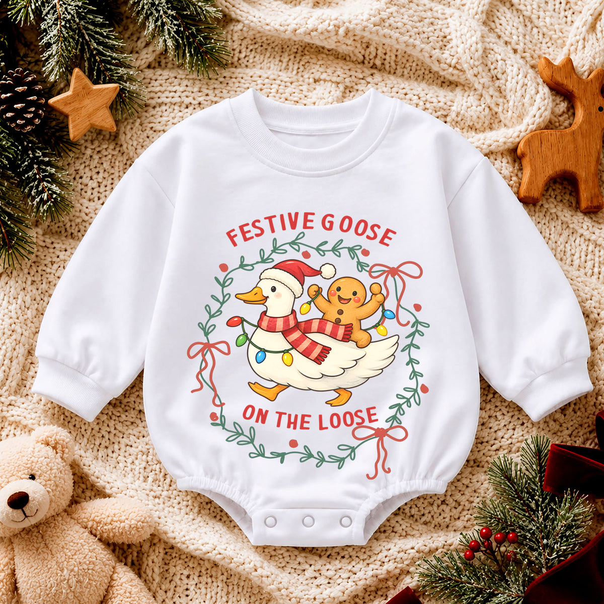 Festive Goose Christmas Baby Romper, Funny Jolly Goose Holiday Outfit, Toddler Xmas Romper, Cute 1st Christmas Gift for Baby — product view 4
