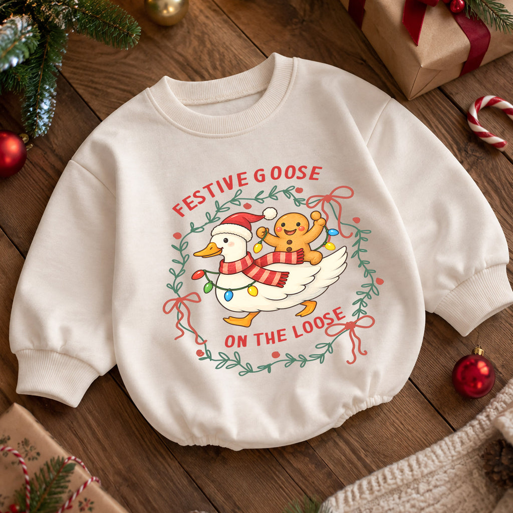 Festive Goose Christmas Baby Romper, Funny Jolly Goose Holiday Outfit, Toddler Xmas Romper, Cute 1st Christmas Gift for Baby — product view 5