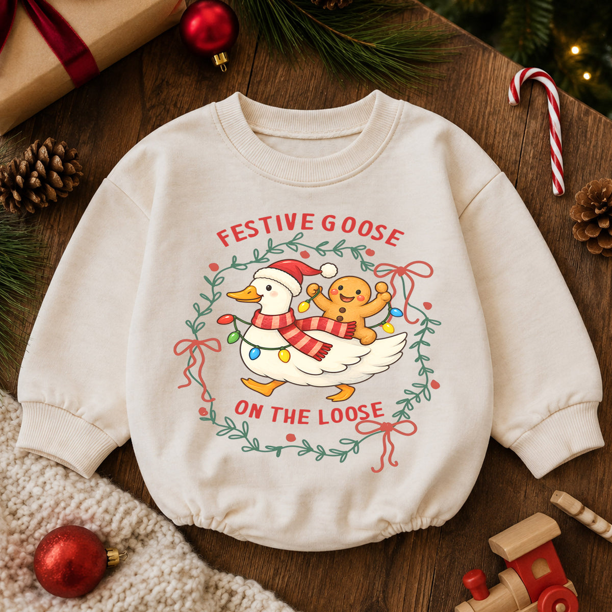 Festive Goose Christmas Baby Romper, Funny Jolly Goose Holiday Outfit, Toddler Xmas Romper, Cute 1st Christmas Gift for Baby — product view 6