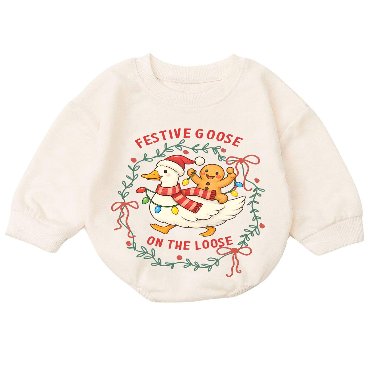 Festive Goose Christmas Baby Romper, Funny Jolly Goose Holiday Outfit, Toddler Xmas Romper, Cute 1st Christmas Gift for Baby — product view 7